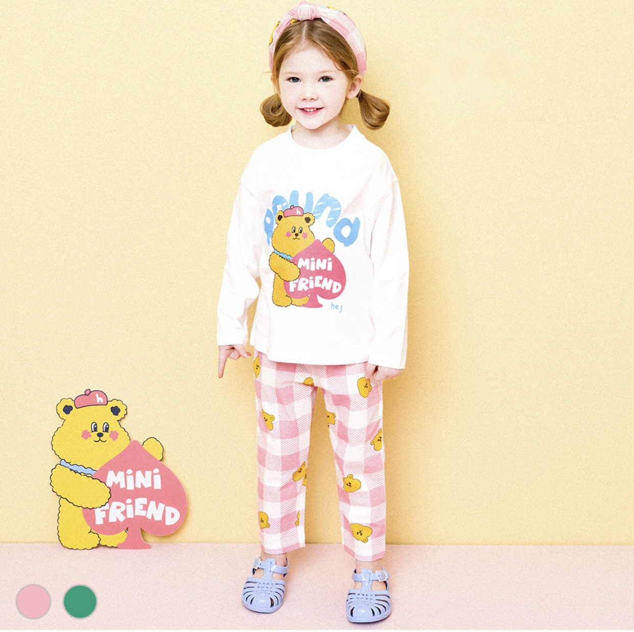 Quần cotton Hej Mini kẻ caro gấu 2 màu xanh lá/hồng BTBG