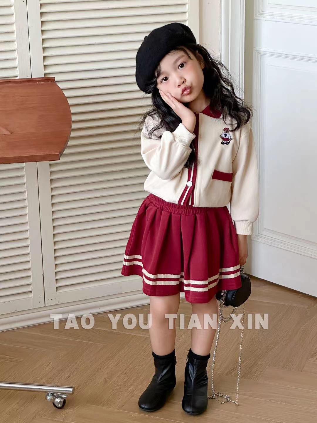 Set nỉ TYTX BABY áo polo thêu gấu ngực - chân váy 3 màu size 90 - 130