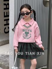 Set nỉ TYTX BABY áo hồng BKLYN - chân váy kẻ xanh size 90 - 130