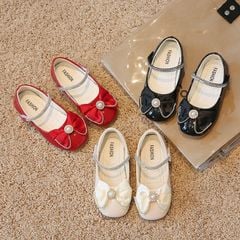 V550 - Giày búp bê đính nơ quai dán 2 màu đen/kem cho bé size 21-36