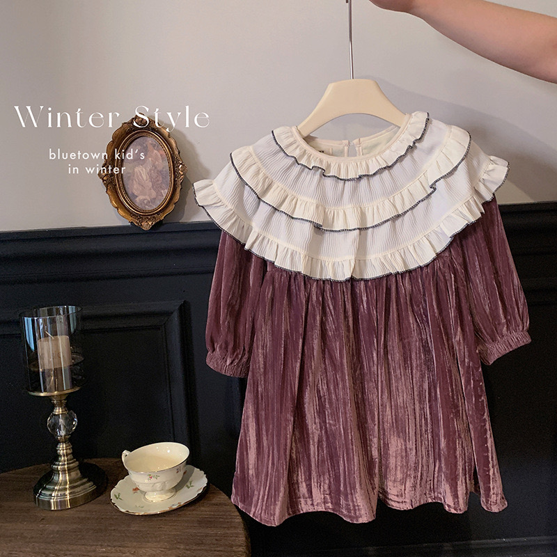 Váy nhung lót nỉ màu hồng nâu cổ bèo trắng bé gái size 90-140