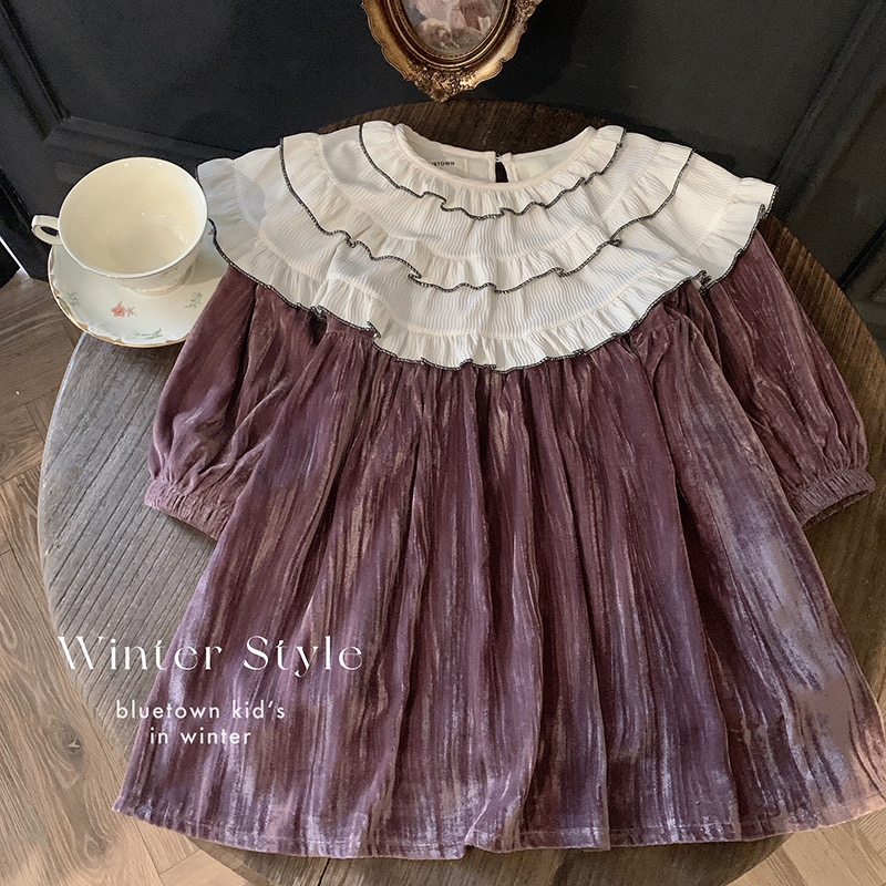 Váy nhung lót nỉ màu hồng nâu cổ bèo trắng bé gái size 90-140