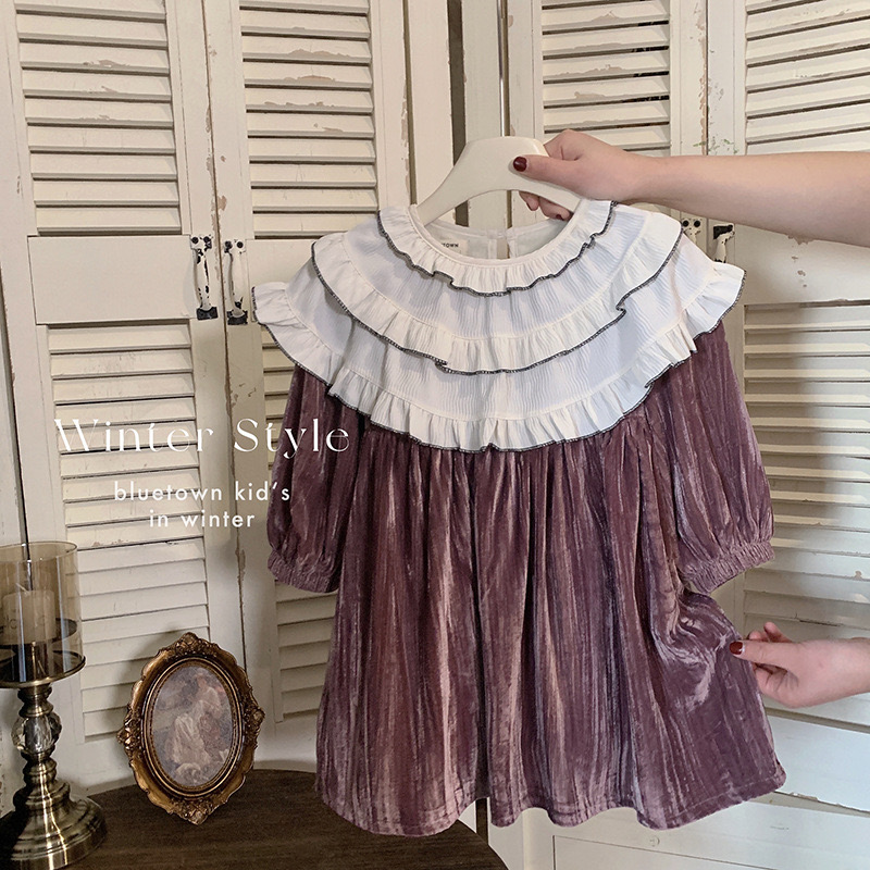 Váy nhung lót nỉ màu hồng nâu cổ bèo trắng bé gái size 90-140