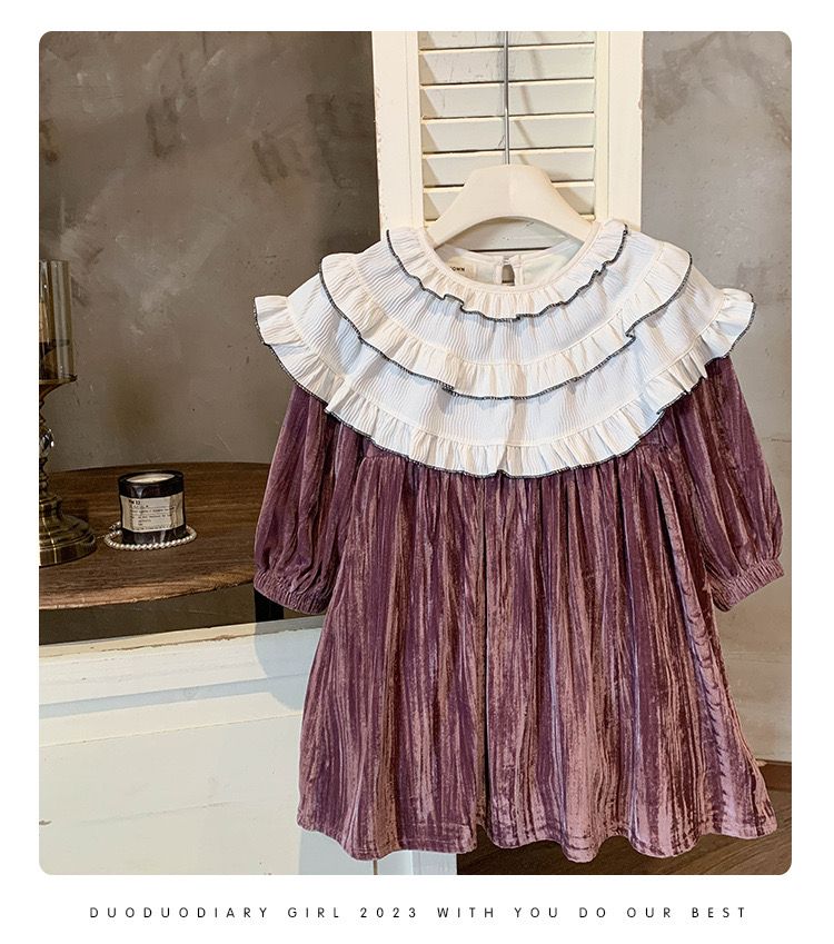 Váy nhung lót nỉ màu hồng nâu cổ bèo trắng bé gái size 90-140