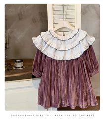 Váy nhung lót nỉ màu hồng nâu cổ bèo trắng bé gái size 90-140