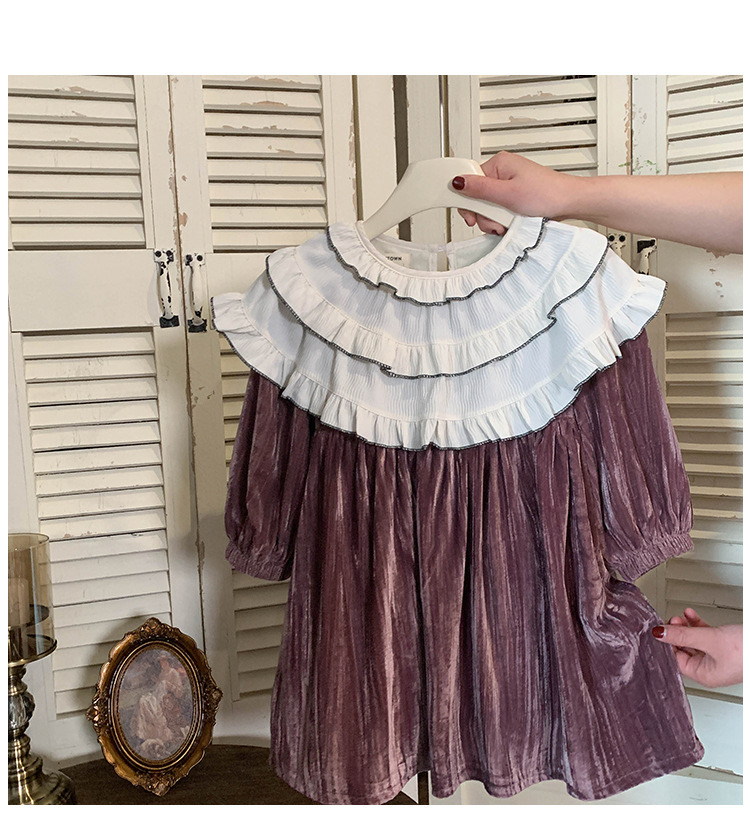 Váy nhung lót nỉ màu hồng nâu cổ bèo trắng bé gái size 90-140