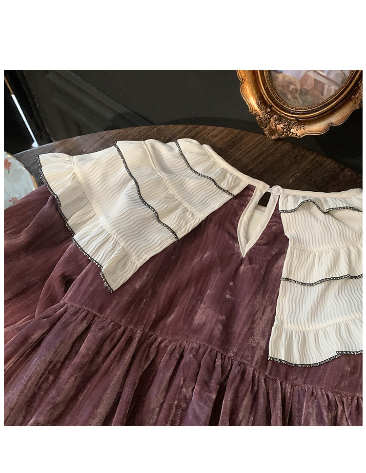 Váy nhung lót nỉ màu hồng nâu cổ bèo trắng bé gái size 90-140