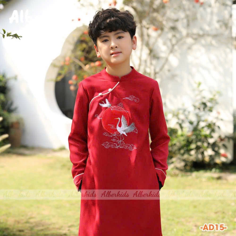 AD15 - Áo dài vải nhung chéo Alber Kids thêu hạc & mặt trời 2 màu đỏ/vàng bé trai size 110-160 (không kèm quần)