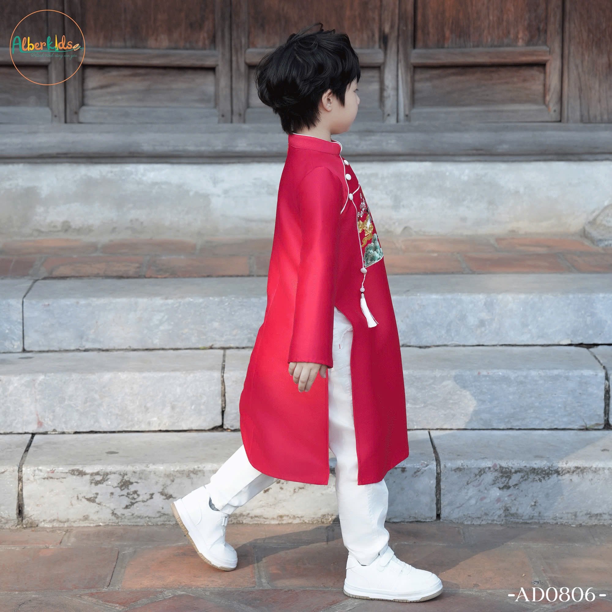 AD0806 - Áo dài Alber Kids vải gấm thêu hoa chim hạc vàng/đỏ bé trai size 100-160 (không kèm quần)