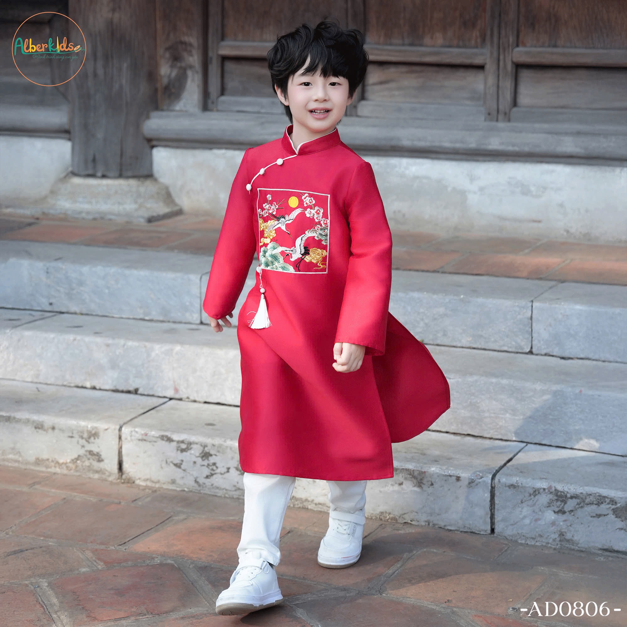 AD0806 - Áo dài Alber Kids vải gấm thêu hoa chim hạc vàng/đỏ bé trai size 100-160 (không kèm quần)