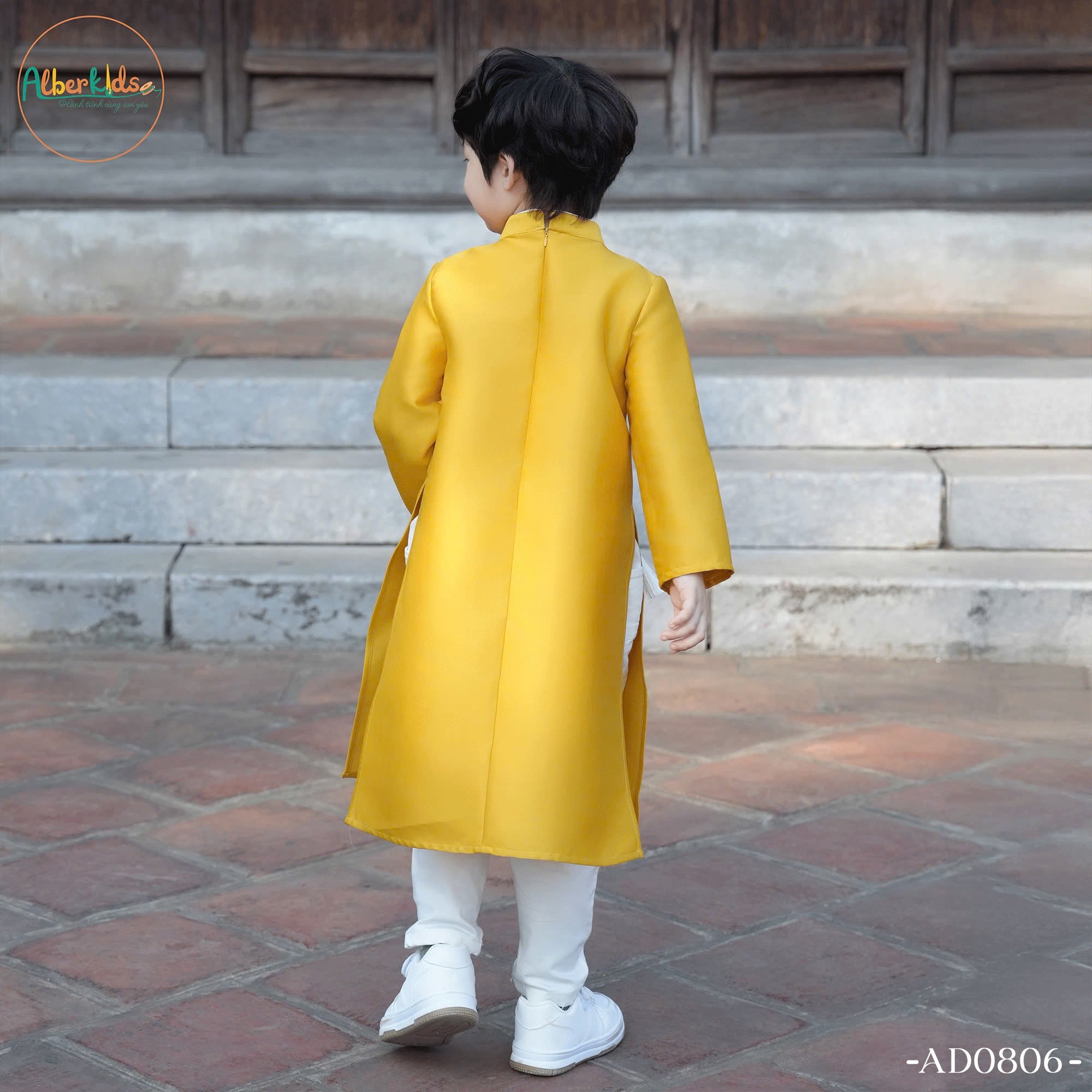 AD0806 - Áo dài Alber Kids vải gấm thêu hoa chim hạc vàng/đỏ bé trai size 100-160 (không kèm quần)