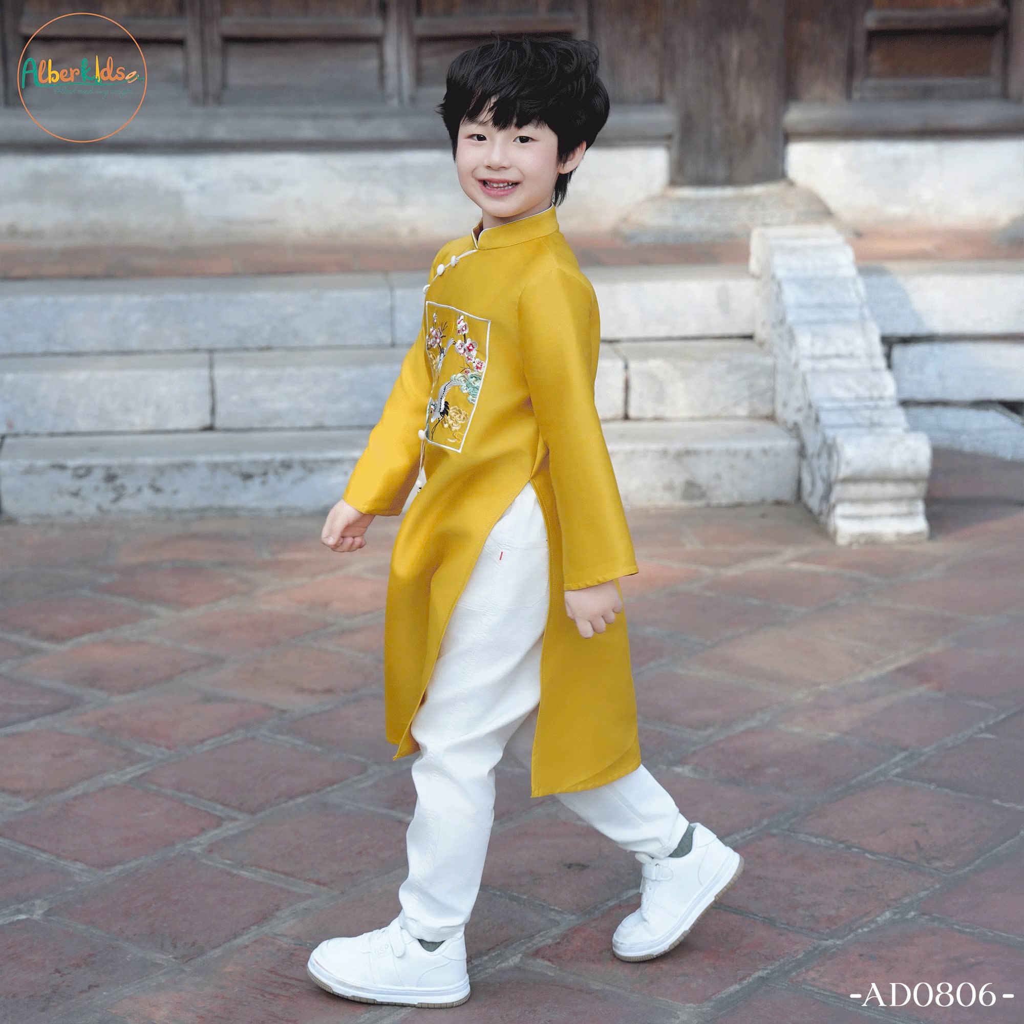 AD0806 - Áo dài Alber Kids vải gấm thêu hoa chim hạc vàng/đỏ bé trai size 100-160 (không kèm quần)