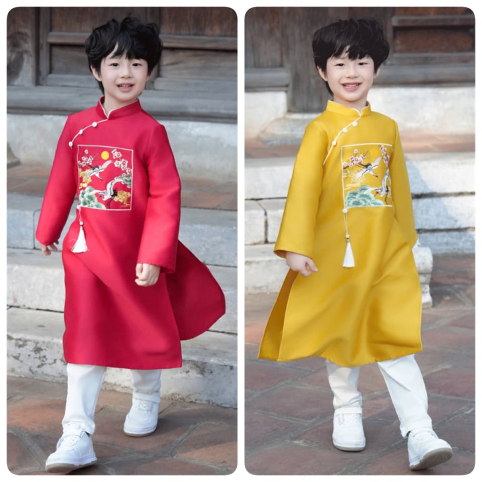 AD0806 - Áo dài Alber Kids vải gấm thêu hoa chim hạc vàng/đỏ bé trai size 100-160 (không kèm quần)