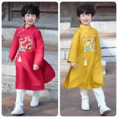 AD0806 - Áo dài Alber Kids vải gấm thêu hoa chim hạc vàng/đỏ bé trai size 100-160 (không kèm quần)