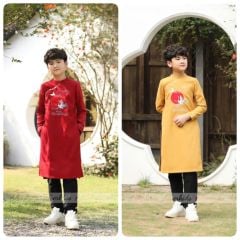 AD15 - Áo dài vải nhung chéo Alber Kids thêu hạc & mặt trời 2 màu đỏ/vàng bé trai size 110-160 (không kèm quần)