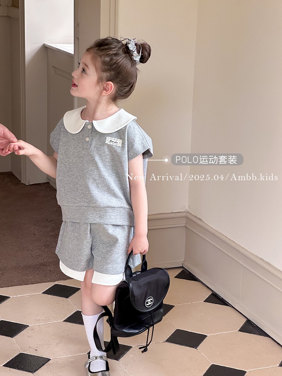 Bộ thun AMBB màu ghi cổ trắng bé gái size 110-170