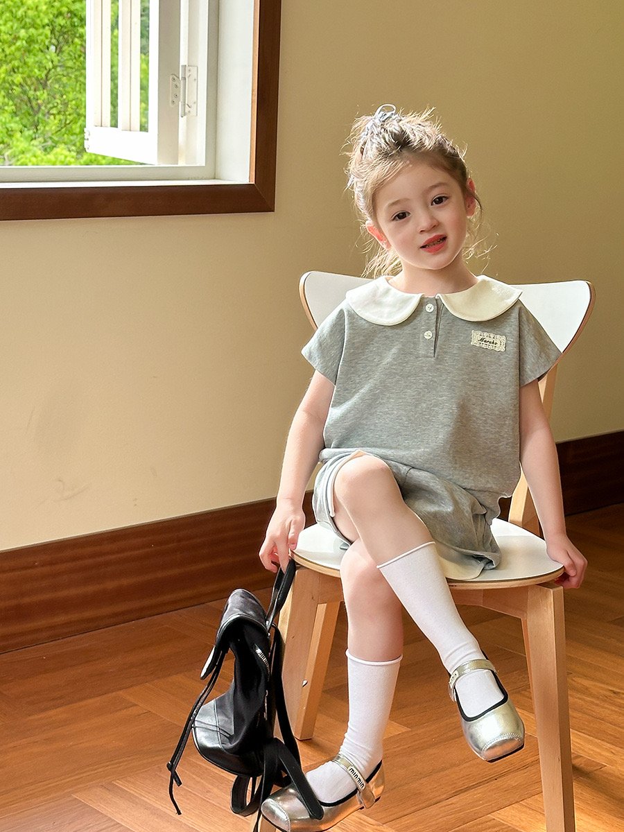 Bộ thun AMBB màu ghi cổ trắng bé gái size 110-170