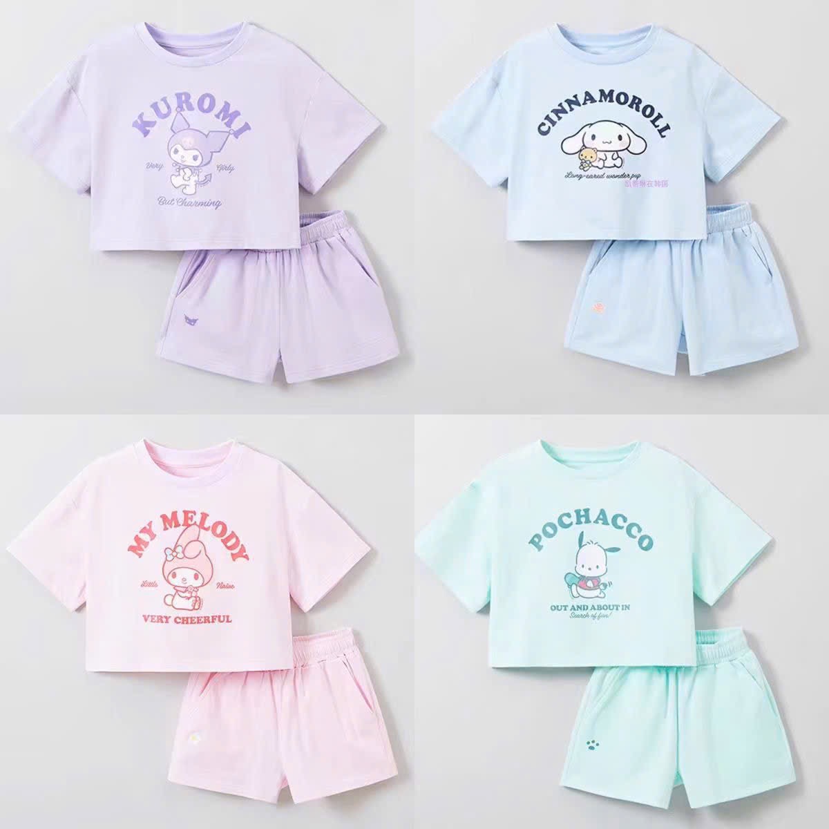 Bộ Spao dư xịn áo croptop+quần hoạ tiết Kuromi, Cinnamoroll, Pochacco, Melody bé gái size 110-160