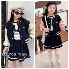 Set nỉ TYTX BABY áo bomber thêu chữ ngực - chân váy 2 màu size 90 - 130