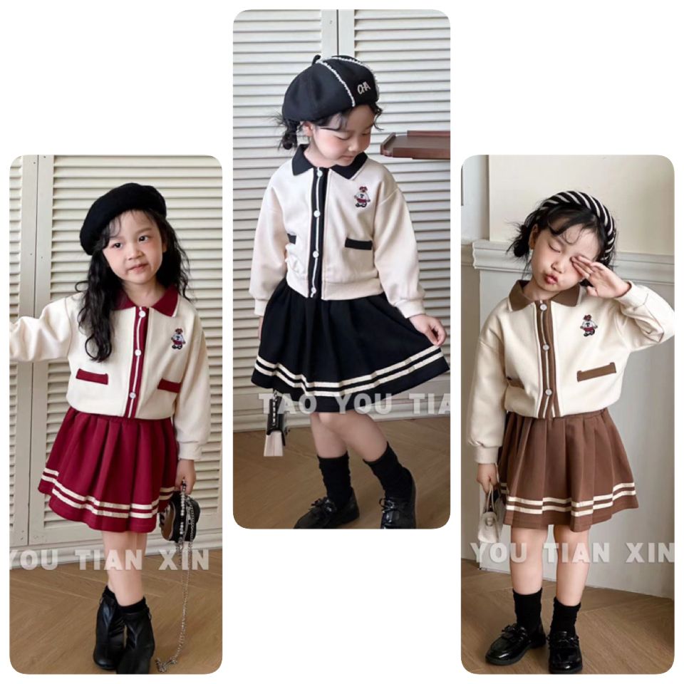 Set nỉ TYTX BABY áo polo thêu gấu ngực - chân váy 3 màu size 90 - 130