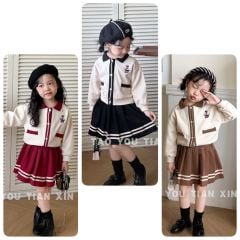 Set nỉ TYTX BABY áo polo thêu gấu ngực - chân váy 3 màu size 90 - 130