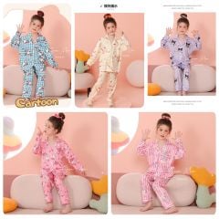Pyjama lụa June kẻ 5 hình chủ đề Kuromi, Melody, Cinamonrol Bé gái size 1 - 10y