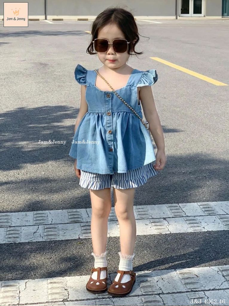 JJ 4362 - Bộ Jam & Jenny áo jean cánh tiên + quần thô kẻ xanh bé gái size 2-12y