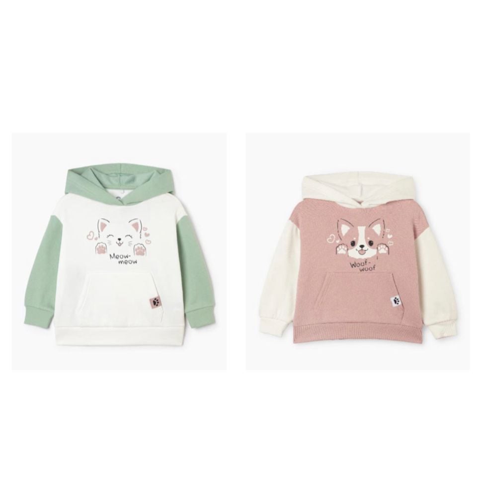 Áo hoodie nỉ bông 2 màu xanh mèo / hồng cún size 12m - 4y