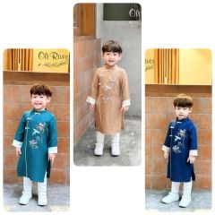 Áo dài Oli River vải đũi thêu hạc + núi hoa cho bé trai size 2-15y