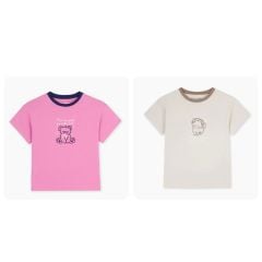 Áo cotton GGJJ viền cổ thêu gấu, mèo 2 màu hồng/be bé gái size 2-6y