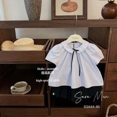 S3444 - Set bộ Sara Min áo xanh + chân váy xếp ly bé gái size 2-12y