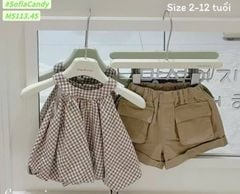 M5113 - Set bộ Mia Kids áo kẻ nâu cổ yếm + quần kaki nâu túi hộp bé gái size 2-12y