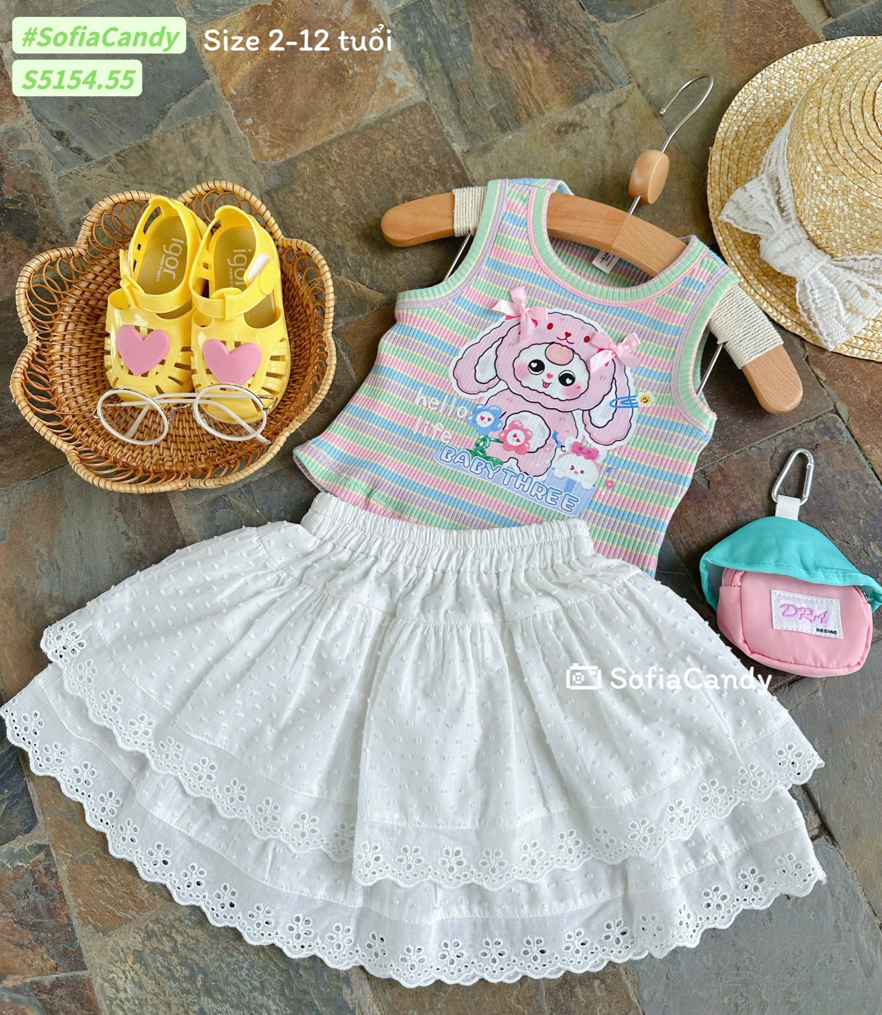 S5154 - Set bộ Sofia Candy áo thun tăm sắc màu baby three + chân váy trắng bé gái size 2-12y