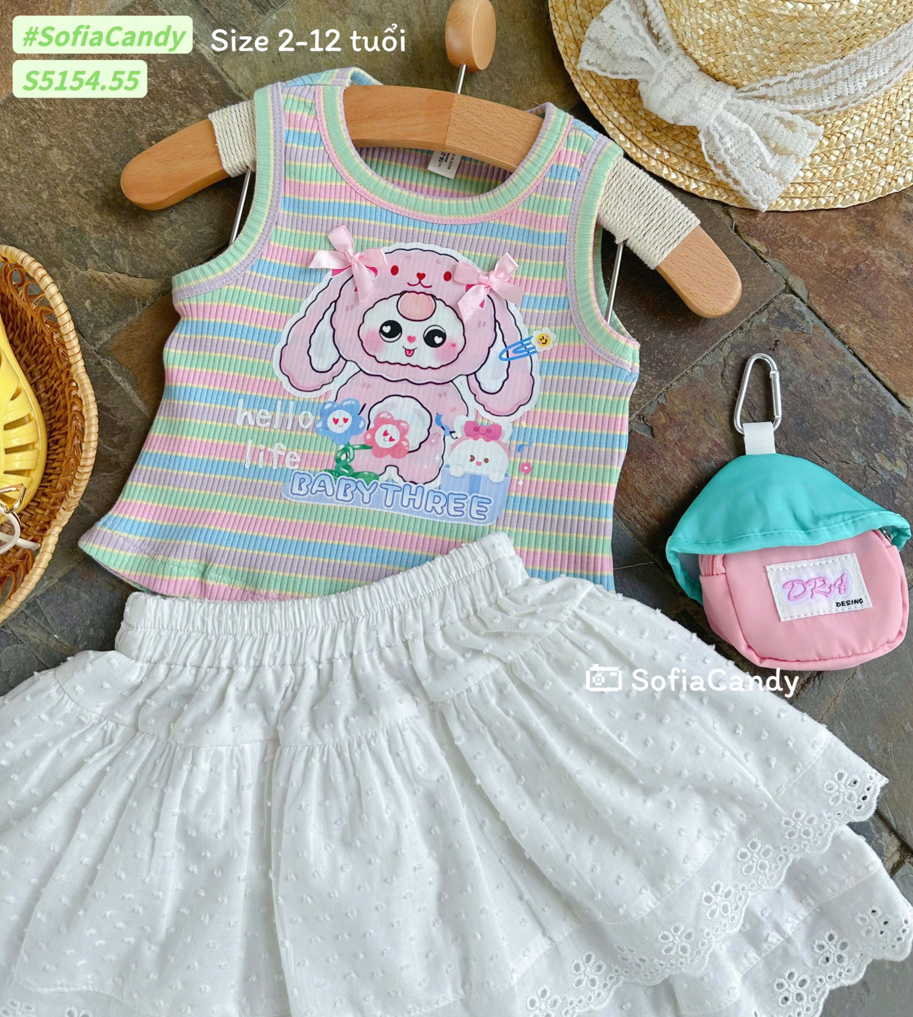 S5154 - Set bộ Sofia Candy áo thun tăm sắc màu baby three + chân váy trắng bé gái size 2-12y