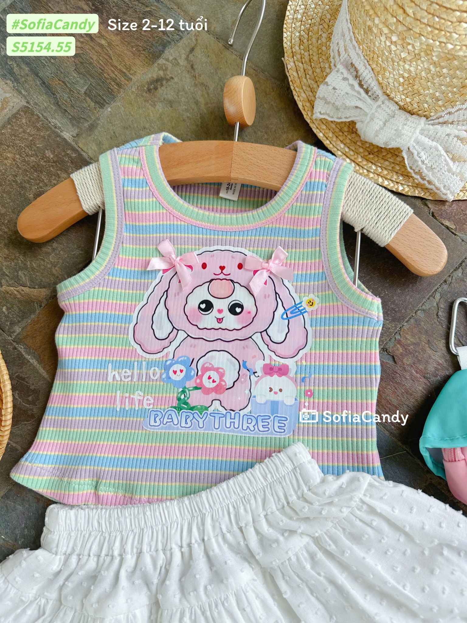 S5154 - Set bộ Sofia Candy áo thun tăm sắc màu baby three + chân váy trắng bé gái size 2-12y
