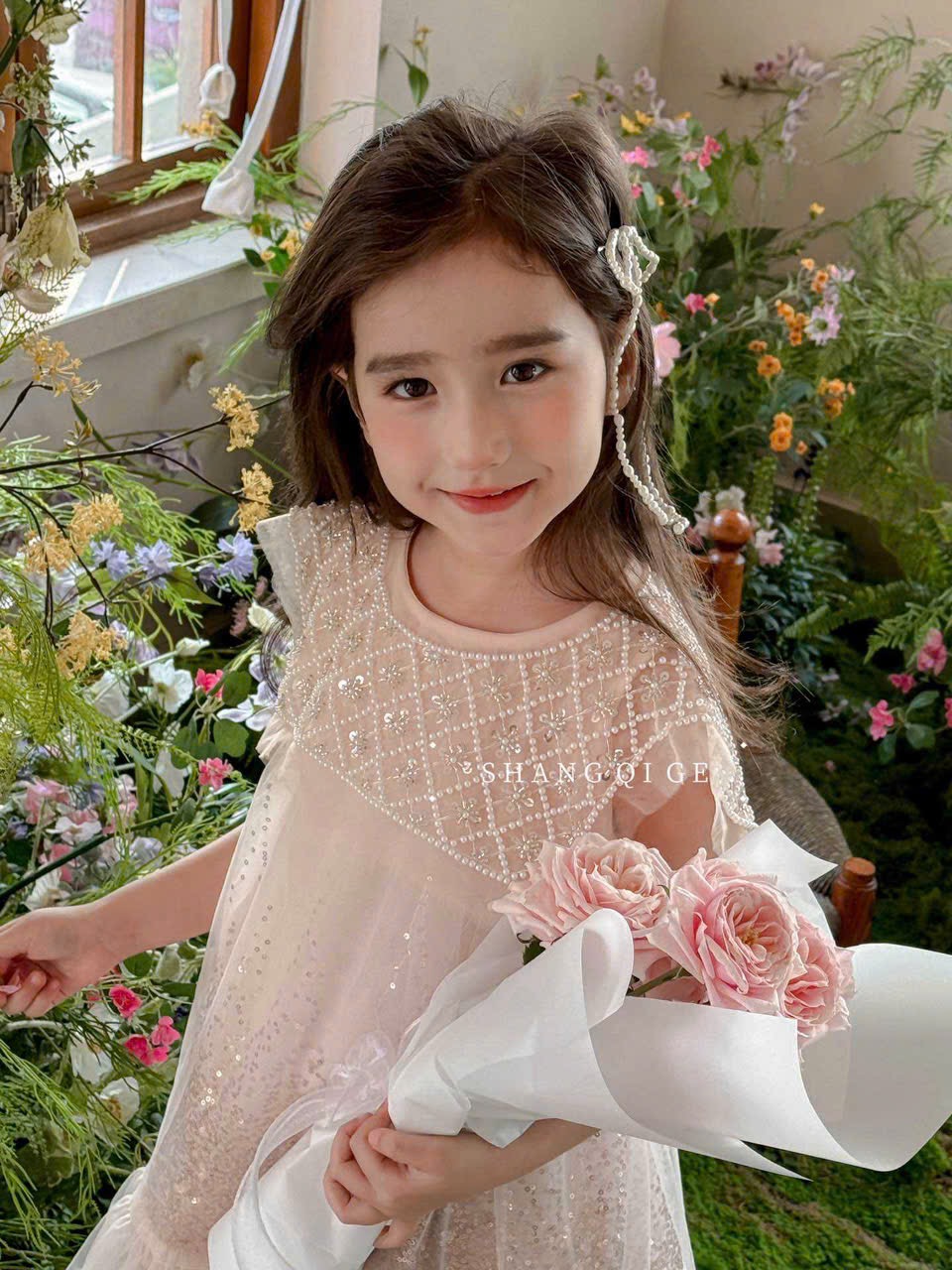 Váy công chúa QC cổ đính hạt màu hồng bé gái size 110-150