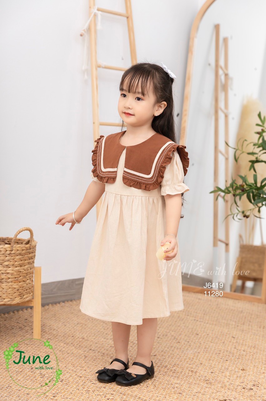 Váy June thô cara trơn màu phối cổ vuông bèo 3 màu size 1-10y