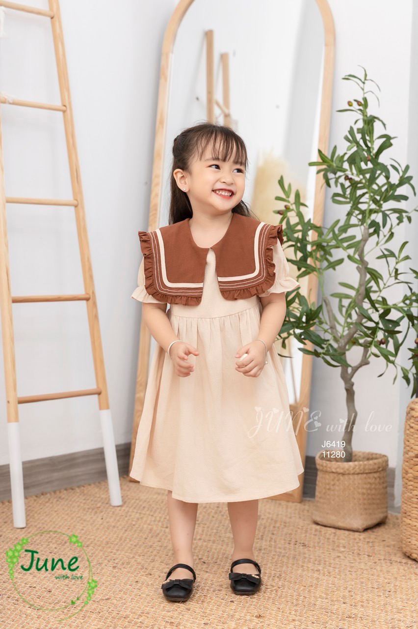 Váy June thô cara trơn màu phối cổ vuông bèo 3 màu size 1-10y