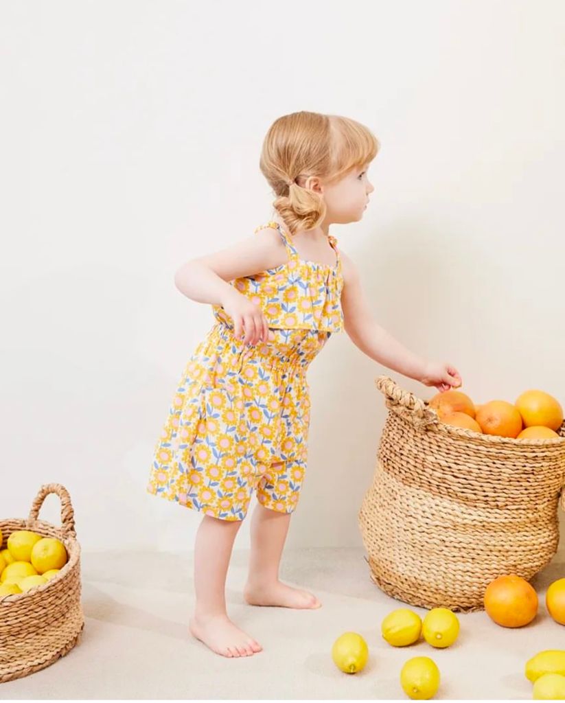 Jumpsuit/body chip 2 dây Bluedog xuất hàn dư xịn vải lanh hoạ tiết hoa vàng bé gái size 80-120