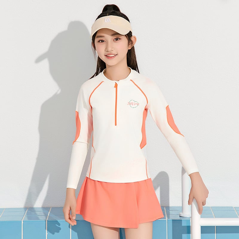 YY7520 - Bộ bơi YUKE dài tay chống nắng màu kem phối cam bé gái size XL-6XL