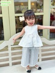 S5149 - Bộ thô Sofia Candy áo sat nách trắng nơ lưng - quần culottes kẻ sọc xanh trắng size 1 - 10y