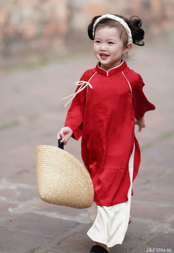JJ 3704 - Áo dài Jam & Jenny màu đỏ đính nơ trắng bé gái size 2-12y