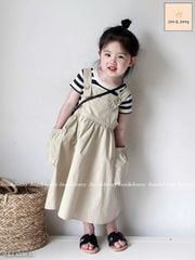 JJ 4336 - Set Jam & Jenny áo cotton kẻ đen trắng + váy yếm kaki màu kem bé gái size 2-12y