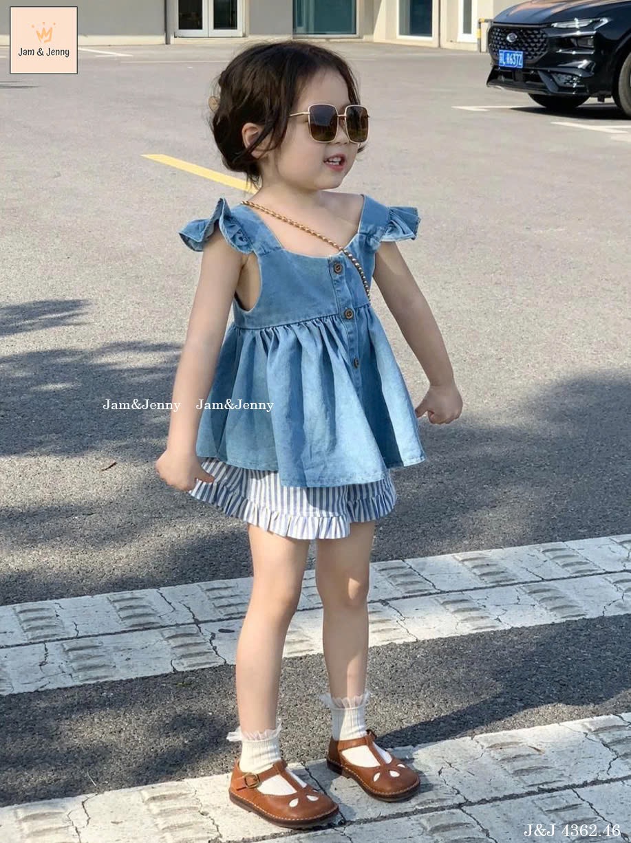 JJ 4362 - Bộ Jam & Jenny áo jean cánh tiên + quần thô kẻ xanh bé gái size 2-12y