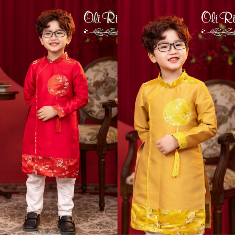 Áo dài Oli River bản gấm tròn phối dây tua rua 2 màu vàng/đỏ BT size 2-11y (ko kèm quần)