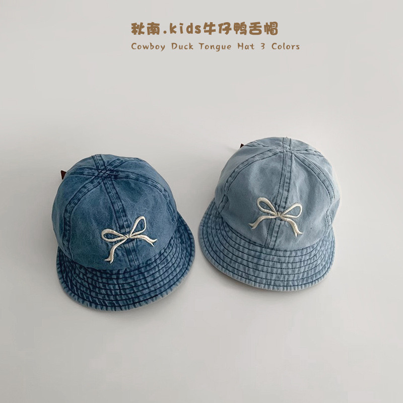Mũ jean nửa vành thêu nơ 2 màu bé gái size 2-4y