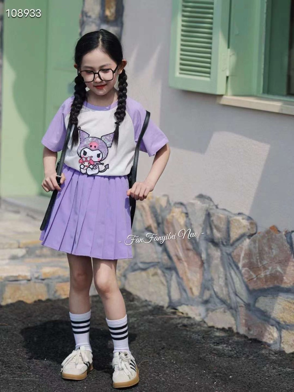 Bộ Kuromi + Melody áo thun + chân váy xếp ly 2 màu BG size 110-150