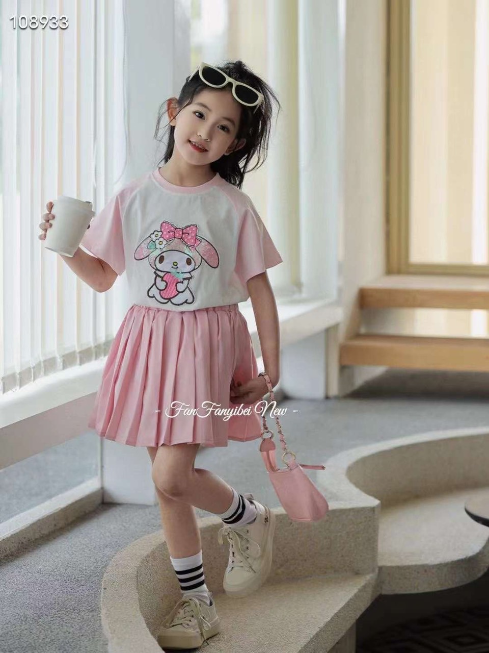 Bộ Kuromi + Melody áo thun + chân váy xếp ly 2 màu BG size 110-150