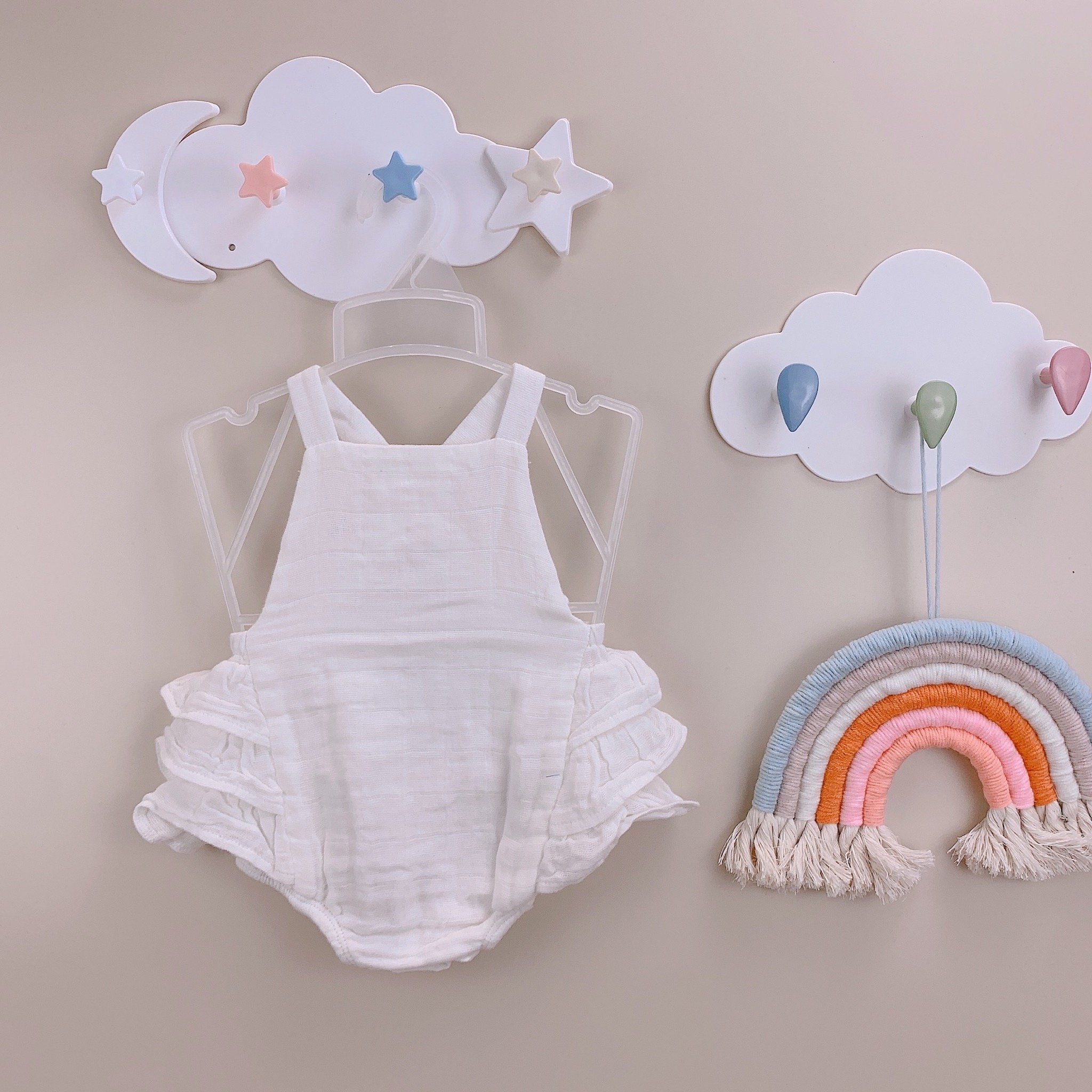 Romper mudpie vải xô muslin màu trắng
