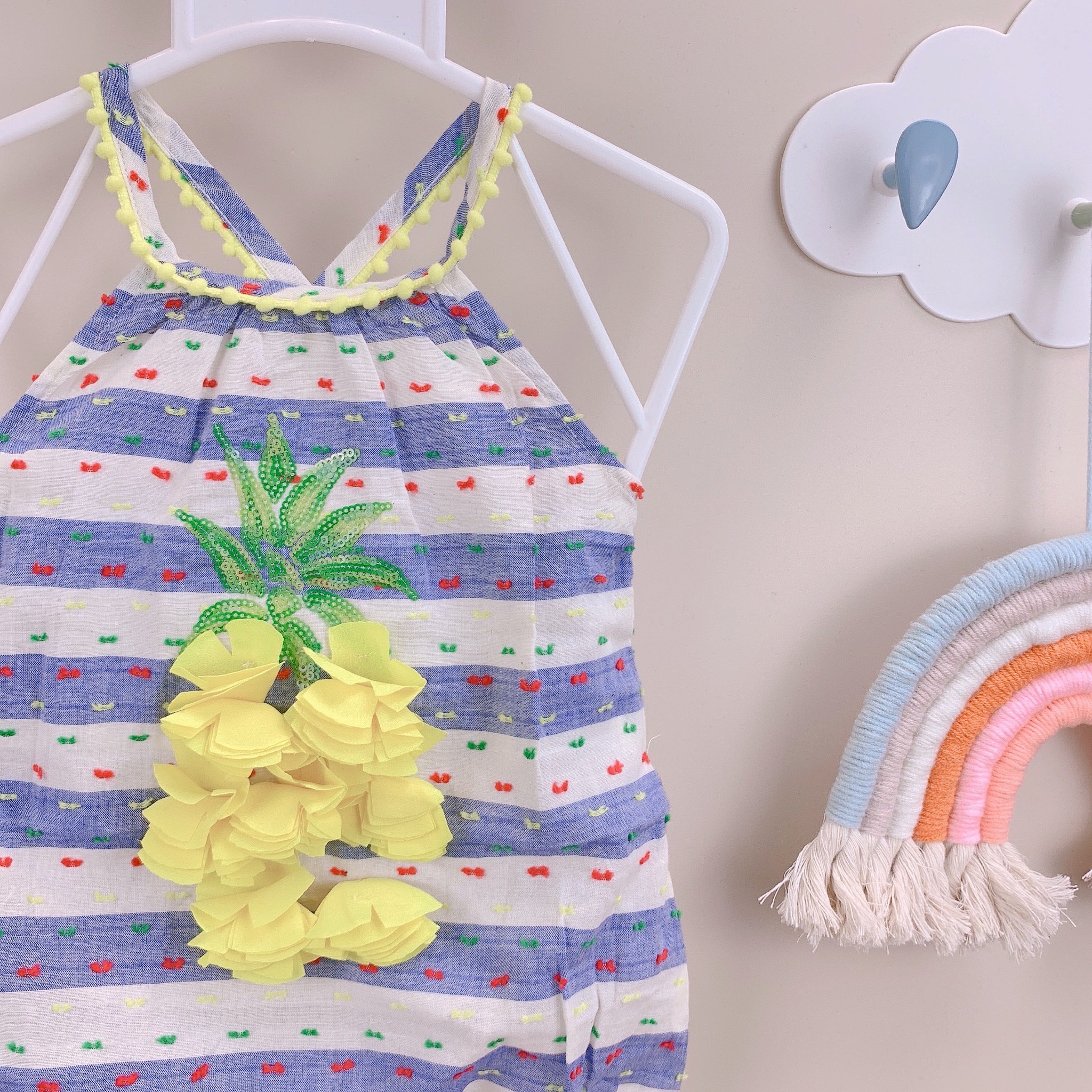 Romper Mudpie vải thô đũi sọc xanh trắng hình dứa